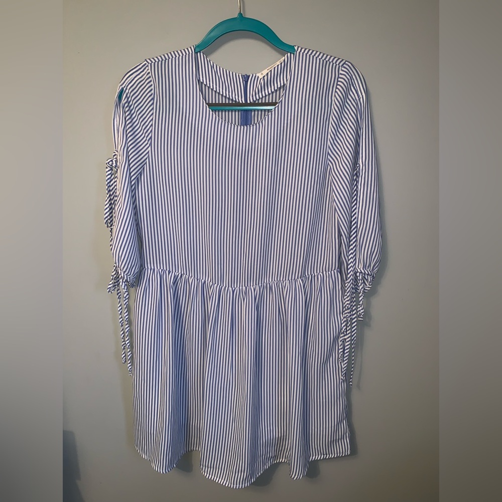 Blue and White Striped Mango Tunic with Open Sleeves & Ties
